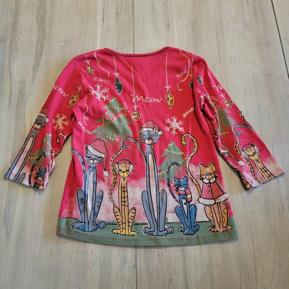 Jess & Jane Artsy Abstract All Over Christmas Cat Pop Art Top Women's S USA - Picture 9 of 9